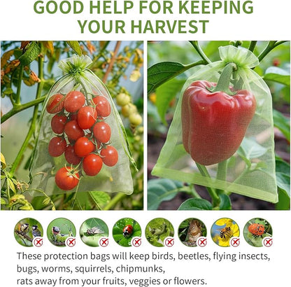 GliSun 100Pcs Fruit Protection Bags 6x9 Inch, Green Mesh Netting Cover with Drawstring Pest Barrier for Grapes Tomato Strawberry Blueberry - Garden Supplies for Vegetables & Fruit Trees