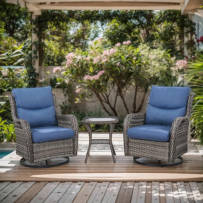 Patio Conversation Set with Smile-Shaped Cushions, Luxury Outdoor Swivel Chairs with Side Table and Ottomans, 5PCS PE Rattan Swivel Glider Chairs Set, Grey Wicker|Blue Cushions