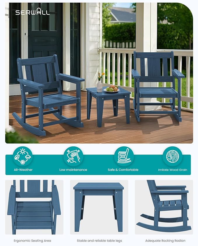 SERWALL 3 Piece Patio Rocking Bistro Set, Outdoor Bistro Set with Side Table, All Weather Outdoor Rocking Chair Set for Garden, Balcony, Backyard, and Porch- Blue