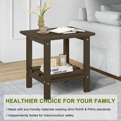 Adirondack Outdoor Side Table, 2-Tier Small Patio End Table, Weather Resistant HDPE Outdoor End Tables for Garden, Lawn, Pool, Beach, Porch, Deck, Backyard - Square, Dark Brown