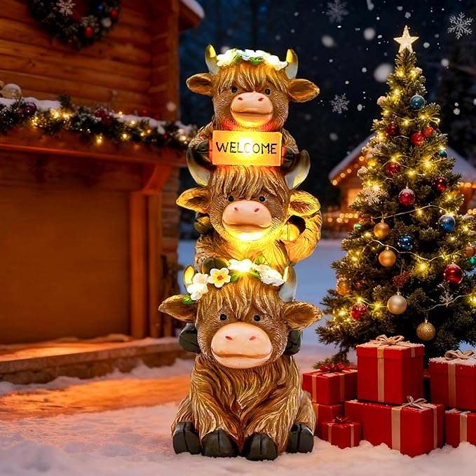 16 in Large Garden Highland Cow Statue Solar Garden Sculptures & Statues with Flower Decoration Birthday Gifts for Women Mom Funny Triple Big Highland Cow Decor for Yard Garden Patio Lawn Ornaments