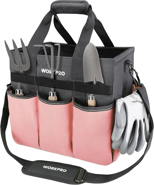 WORKPRO Garden Tool Bag, Heavy Duty Gardening Tote Bag Organizer with 10 Pockets and Long Adjustable Shoulder Strap, Standable Garden Home Tool Kits Organizer, Pink - Pink Ribbon