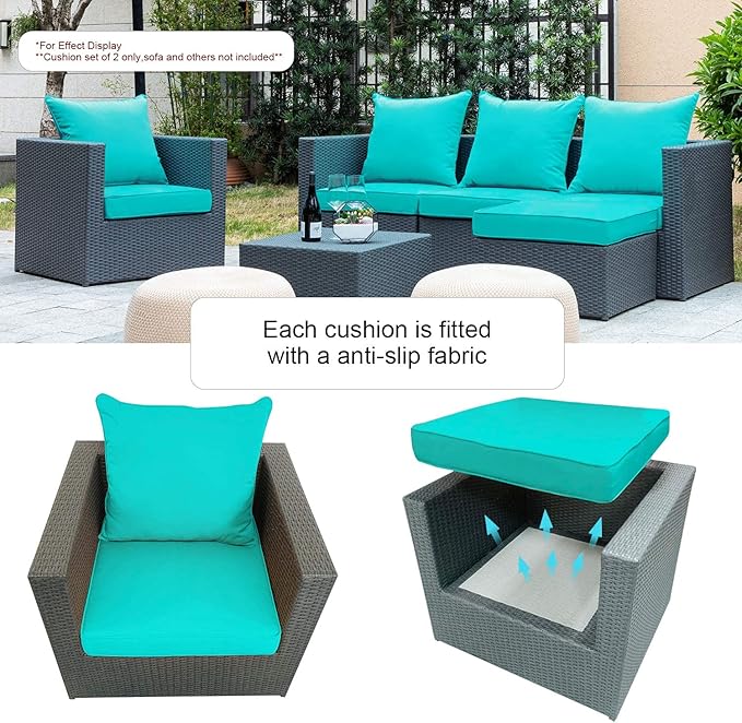 ARTPLAN Outdoor Deep Seating Cushions with Backrest Set, All-Weather Waterproof Patio Sofa Cushions for Sectionals, High-Resilience Foam Garden Furniture Cushion Cover,Aqua