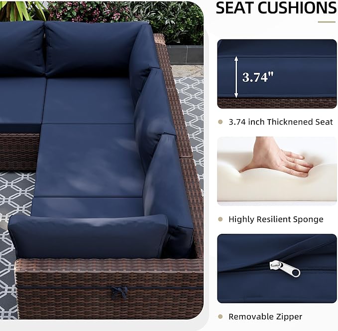 UPHA 9 Pieces Patio Furniture Sets Outdoor Sectional Sofa Wicker Conversation Couch for Decks, Backyards, Gardens, Brown Rattan, Navyblue Cushion