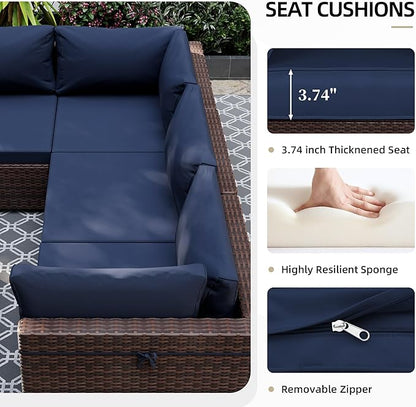 UPHA 9 Pieces Patio Furniture Sets Outdoor Sectional Sofa Wicker Conversation Couch for Decks, Backyards, Gardens, Brown Rattan, Navyblue Cushion