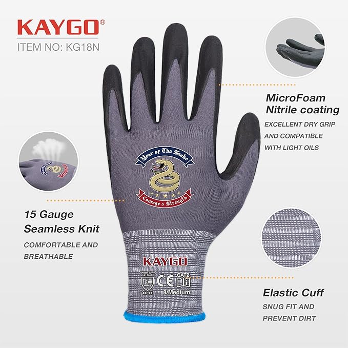 KAYGO Safety Work Gloves MicroFoam Nitrile Coated, 3 Pairs KG18NB,Seamless Knit Nylon Glove for Men and Women, Ideal for Automotive,Warehouse,Construction (XL,Gray)