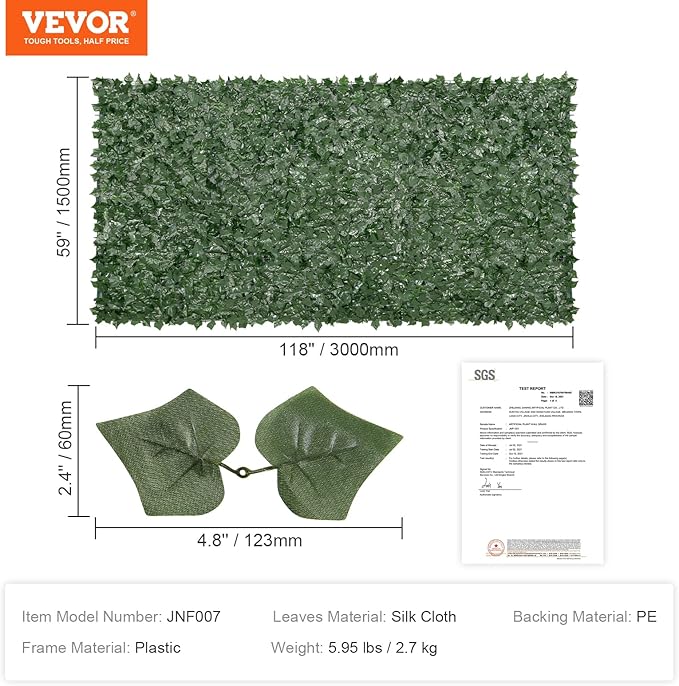 VEVOR Artificial Ivy Privacy Fence Screen, 59 x 118 in Faux Ivy Vine Leaf Hedges Fence, Greenery Privacy Fence with Mesh Cloth Backing, Green Wall Decoration for Outdoor Garden, Yard, Balcony