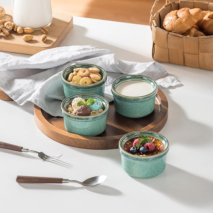 Ramekins 4 oz Oven Safe, Creme Brulee Ramekins, Pudding Custard Cups, Souffle Dishes, Small Ceramic Dipping Sauce Bowls Set of 4 - Moss Green