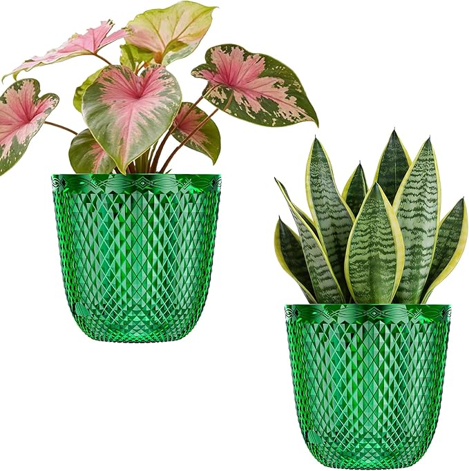 QCQHDU 2 Pack Self Watering Pots, 5.7 Inch Flower Pots with Drainage Holes and Water Filling Port, Plastic Garden Planter for Indoor Outdoor Plants (Emerald)