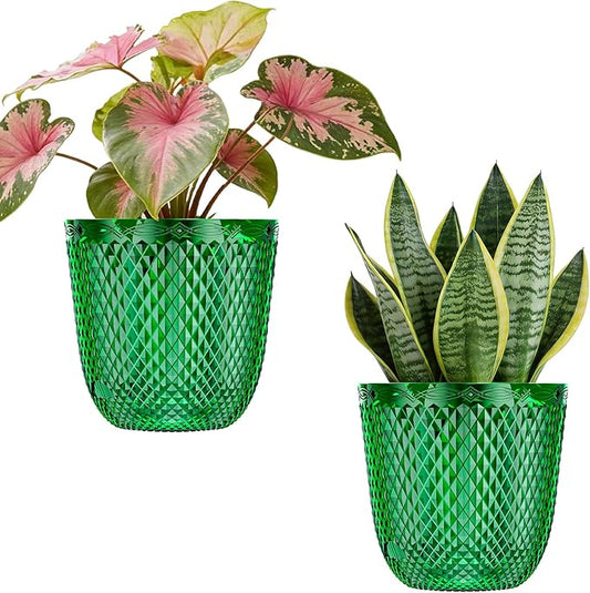 QCQHDU 2 Pack Self Watering Pots, 7.2 Inch Flower Pots with Drainage Holes and Water Filling Port, Plastic Garden Planter for Indoor Outdoor Plants (Emerald)