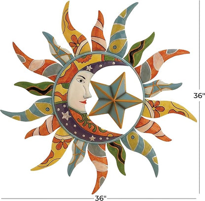 Deco 79 Metal Sun and Moon Indoor Outdoor Abstract Patterned Wall Decor with Teal and Orange Accents, 36" x 2" x 36", Multi Colored