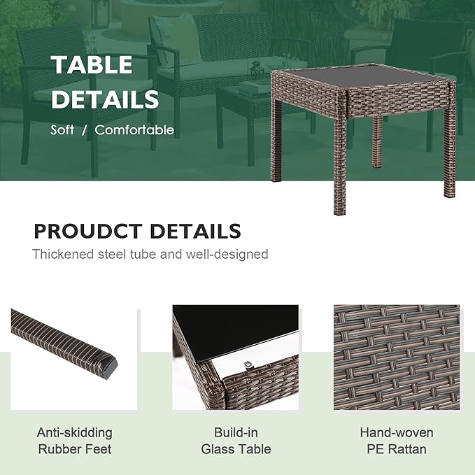 3 Piece Outdoor Patio Furniture Sets, Rattan Conversation Set with Soft Cushion, Wicker Chairs with Coffee Table for Yard Backyard Lawn Porch Poolside Balcony, Beige