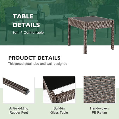 3 Piece Outdoor Patio Furniture Sets, Rattan Conversation Set with Soft Cushion, Wicker Chairs with Coffee Table for Yard Backyard Lawn Porch Poolside Balcony, Beige