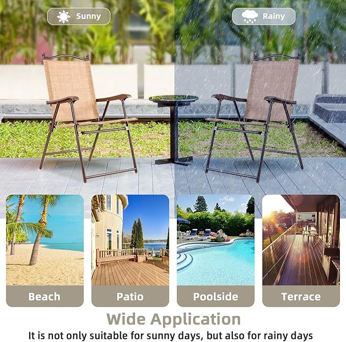 Tangkula Set of 2 Patio Folding Dining Chairs, Outdoor Sling Lawn Chairs with Armrests, Steel Frame, Portable Camping Lounge Chairs for Backyard, Deck, Poolside and Garden, No Assembly (1, Beige)