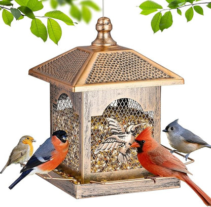 LBTING Bird Feeder for Outside, Metal Square Lantern-Shaped Bird Feeder with Polka Dot Patterned Roof, Wild Bird Feeders for Hanging Outdoor Garden Yard