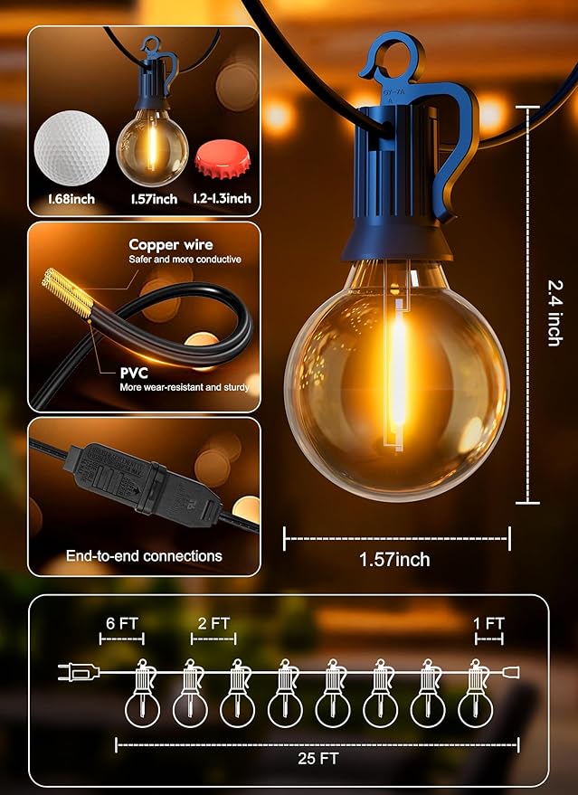Brightown Outdoor String Lights, 25FT 12 G40 Bulbs Shatterproof Patio Lights, IP65 Waterproof Dimmable Hanging Connectable Globe LED Outdoor Lights for Backyard, Bistro, Porch, Deck, Balcony