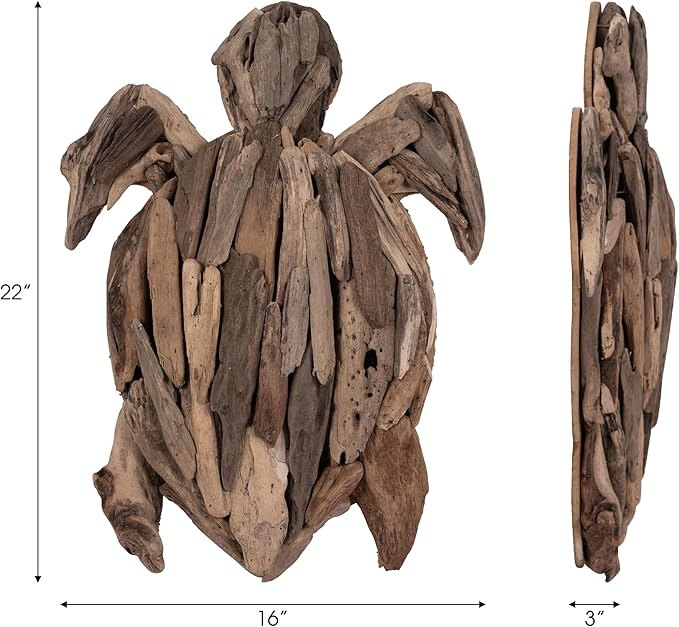 Wooden Driftwood Turtle Sculpture – Relaxed Coastal Room Decor Accent, Living Room or Patio Wall Display, Organic Texture and Artful Home Decor Silhouette – 16"x 22"x 3", Brown