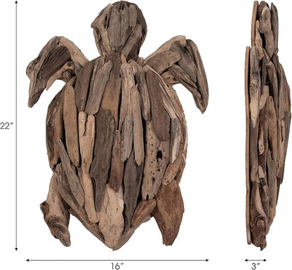 Wooden Driftwood Turtle Sculpture – Relaxed Coastal Room Decor Accent, Living Room or Patio Wall Display, Organic Texture and Artful Home Decor Silhouette – 16"x 22"x 3", Brown