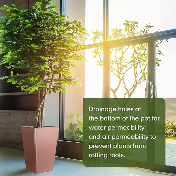 Set of 2 15.75 Inch Large Taper Planters Outdoor Indoor Tall Resin Flower Pots with Drainage Holes Modern for Front Door Patio Backyard Plants (Gold Pink)