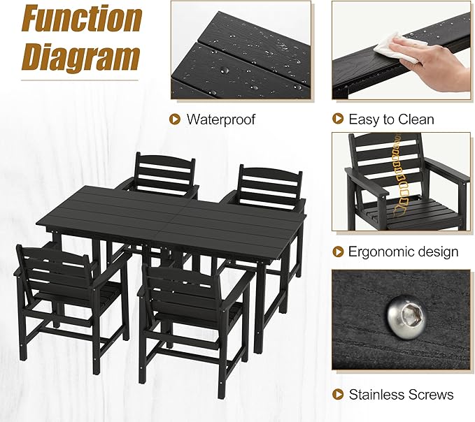 Anbuy Patio HDPE Dining Table Set, 7-Piece Outdoor Dining Table Sets, 2 in 1 Convertible Table and 6 Outdoor Chairs Outdoor All-Weather Furniture Set Black