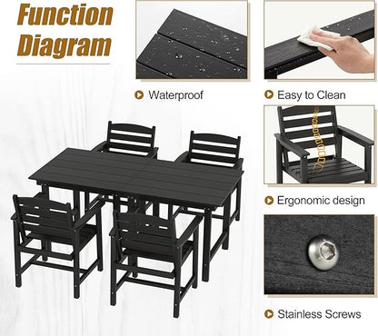 Anbuy Patio HDPE Dining Table Set, 7-Piece Outdoor Dining Table Sets, 2 in 1 Convertible Table and 6 Outdoor Chairs Outdoor All-Weather Furniture Set Black