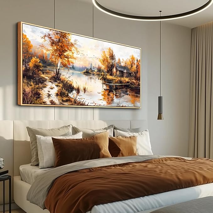 QIYILEXWART Canvas Wall Art For Living Room Large Wall Decor For Office Bedroom Decorations Lakeside Cabins Autumn Landscape Pictures Farmhouse Painting Artwork Room Wall Mural Home Decor 30x60 In