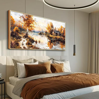 QIYILEXWART Canvas Wall Art For Living Room Large Wall Decor For Office Bedroom Decorations Lakeside Cabins Autumn Landscape Pictures Farmhouse Painting Artwork Room Wall Mural Home Decor 30x60 In