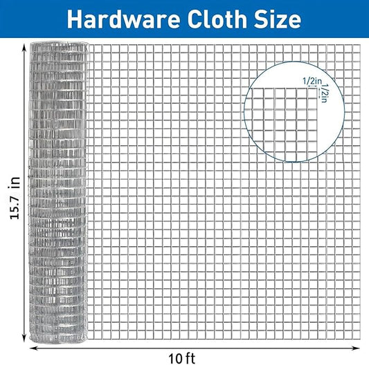 Hardware Cloth,Chicken Wire Fence,1/2 inch 15.7in x 10ft Galvanized Welded Cage Wire for Bird Wire Gopher Wire Rabbit Wire Snake Fence Poultry Netting Cage Screen