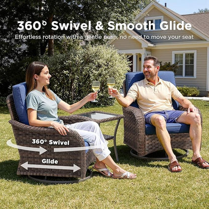 Patio Wicker Chairs Swivel Rocker Outdoor Rocking Chairs Set of 5 Rattan Furniture Set with Thick Cushion, Side Tables, Ottomans for Balcony Deck Backyard, Blue