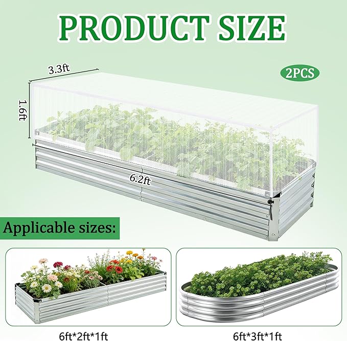 2 Pack Garden Netting for Raised Beds, 6.2x3.3x1.6 Ft Raised Bed Plant Covers for Garden Protection, Fine Mesh Bird Netting Pest Barrier Screen with Drawstring for Protecting Vegetables Fruits Crops