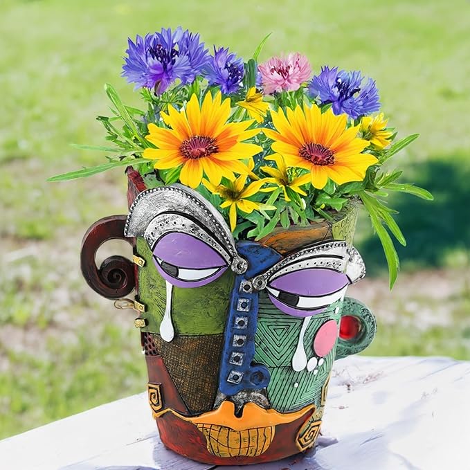 Picasso-Inspired Abstract Face Flower Pot | Unique Head Planter with Drainage Hole | Vibrant Colors & Quirky Art Decor (Tears)