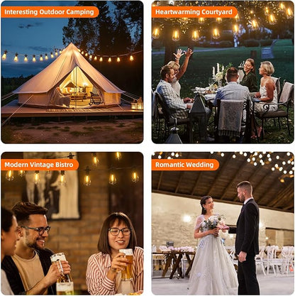 Kawaya Solar Powered String Lights: 50 FT LED Outdoor Patio Hanging Lights With 25+2 Edison Bulbs - USB-Charging - IP65 Waterproof