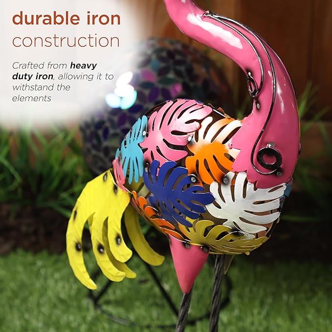 Alpine Corporation LYT276 Outdoor Metal Colorful Art Decor Palm Leaf Body Flamingo for Garden, Patio, Lawn, or Porch, 31" Tall, Multicolor