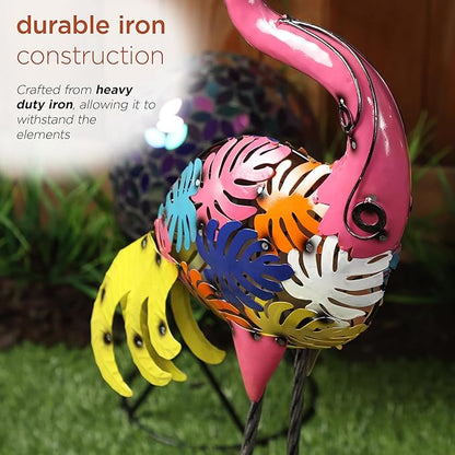 Alpine Corporation LYT276 Outdoor Metal Colorful Art Decor Palm Leaf Body Flamingo for Garden, Patio, Lawn, or Porch, 31" Tall, Multicolor