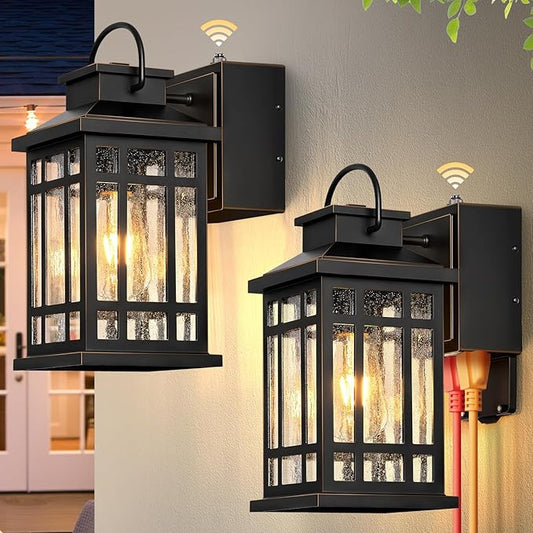 2-Pack Outdoor Wall Light with GFCI Outlet, Black Exterior Lighting Fixtures with Gold Trim, Dusk to Dawn Outdoor Lights for House Garage Coach, Outside Light with Outlet, Aluminum, Hardwired