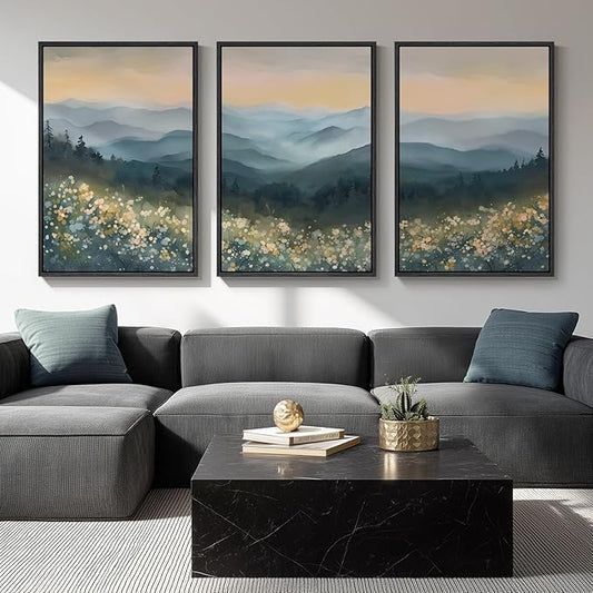 Framed Mountain Landscape Wall Art for Living Room, Large Watercolor Wildflower Scenic Artwork for Walls, 3 Piece Boho Foggy Nature Aesthetic Canvas Painting Print for Bedroom Office Kitchen, 24x36 In