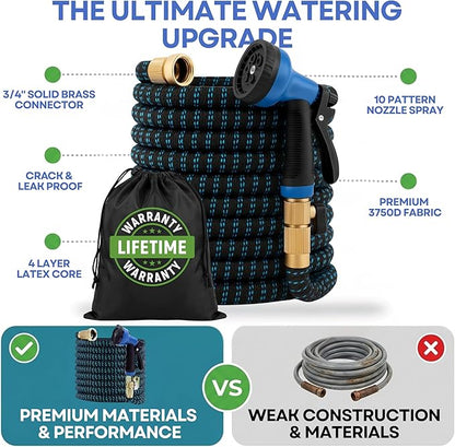 J&B XpandaHose 75ft Expandable Garden Hose with Holder - Heavy Duty Superior Strength 3750D - 4 -Layer Latex Core - Extra Strong Brass Connectors and 10 Spray Nozzle w/Storage Bag (Blue 75)