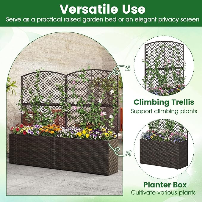 Giantex Raised Garden Bed with Trellis, 49'' Tall PE Rattan Planter Box w/Liner & Drainage, Metal Frame Privacy Screen for Vertical Climbing Plants, Vegetables & Flowers, Patio Balcony Gardening
