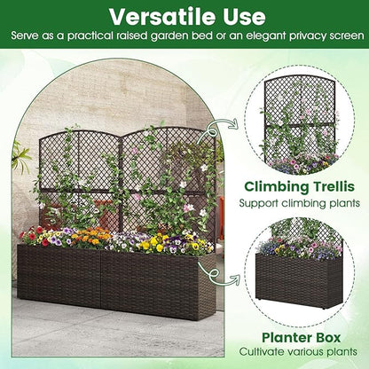 Giantex Raised Garden Bed with Trellis, 49'' Tall PE Rattan Planter Box w/Liner & Drainage, Metal Frame Privacy Screen for Vertical Climbing Plants, Vegetables & Flowers, Patio Balcony Gardening