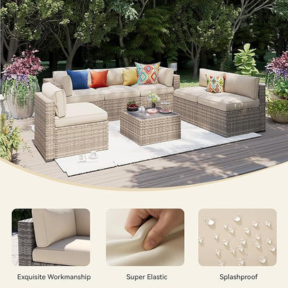 Aoxun 14pcs Patio Cushion Covers Replacement, Waterproof Outdoor Furniture Cushion Covers with Zipper and Non-Slip Bottom, Patio Sofa Couch 3 Sizes for Patio Sectional, Covers Only (Beige)