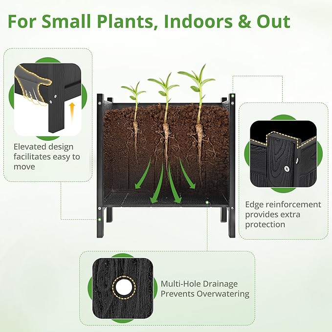 LUE BONA Outdoor Plant Pots Set of 2, 13.7" x 12.5" x 14.5" HDPS Flower Pots with Drainage Holes, Outdoor Planter Box for Outdoor Plants - Porch Patio, Garden or Entryway, Black