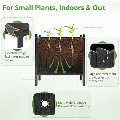 LUE BONA Outdoor Plant Pots Set of 2, 13.7" x 12.5" x 14.5" HDPS Flower Pots with Drainage Holes, Outdoor Planter Box for Outdoor Plants - Porch Patio, Garden or Entryway, Black