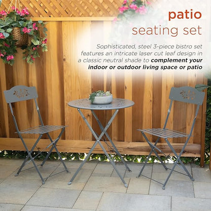 Alpine Corporation Indoor/Outdoor 3-Piece Bistro Set Folding Table and Chairs Patio Seating, Gray