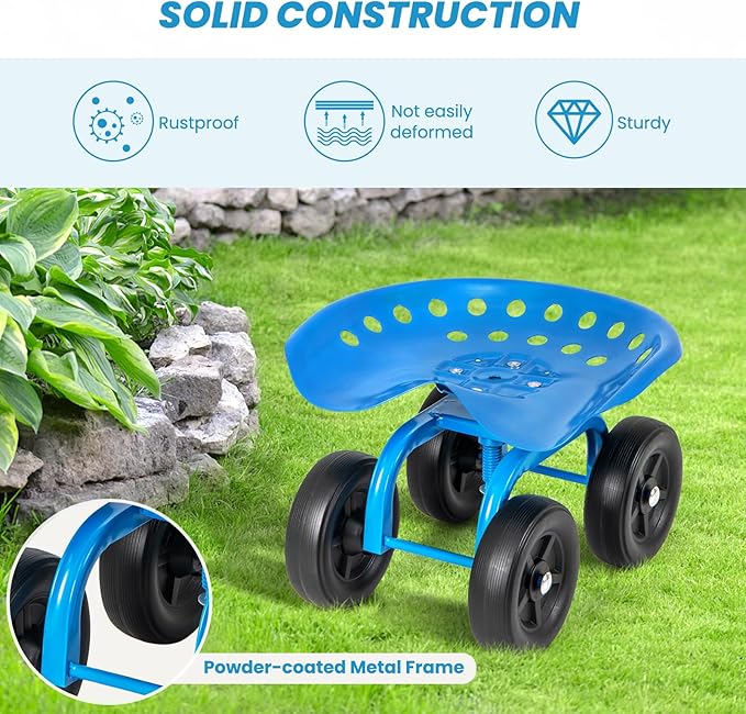 Giantex Garden Cart, Rolling Workseat with 4 Wheels, Garden Stool 360° Swivel Work Seat & Adjustable Height, Heavy Duty Wagon Scooter for Gardening for Patio Garden, Lawn, Yard (Blue)