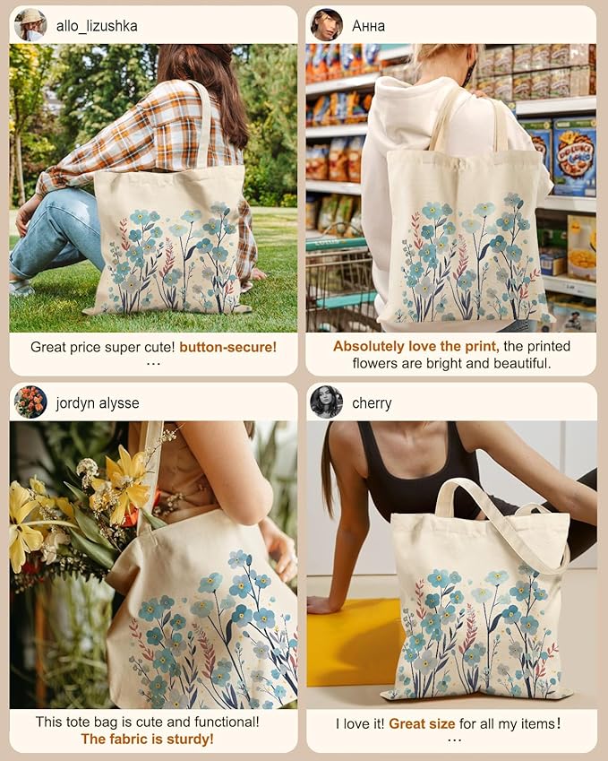 Miss Adola Canvas Tote Bag for Women – Aesthetic Canvas Bag with Zipper Cute Stylish Reusable Shoulder Totes for Shopping Work Daily Vacation, Blue Flowers