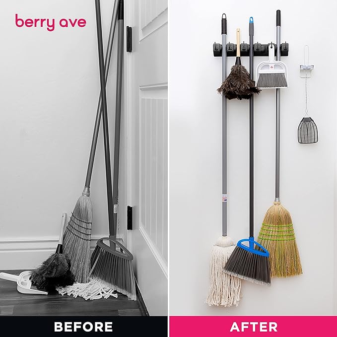 Broom Holder Wall Mount, Mop and Broom Organizer – Wall Mounted Broom Rack & Mop Rack, Rack for Brooms and Mops | Broom Hanger Wall Mount with 5 Slots & 6 Hooks, Kitchen Garage Laundry Garden