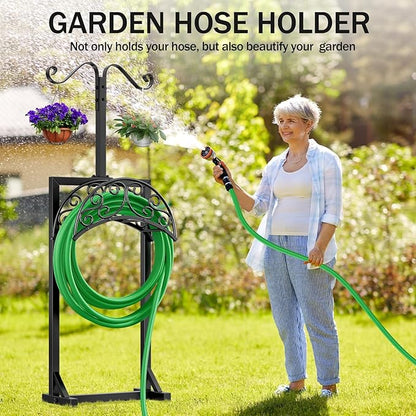 Garden Hose Holder for Outside & Garden Hose Splitter, Upgraded Water Hose Holders with 5 Spikes & 2 Shepherds Hooks, Brass 3 Way Hose Splitter Heavy Duty With Extension Handle