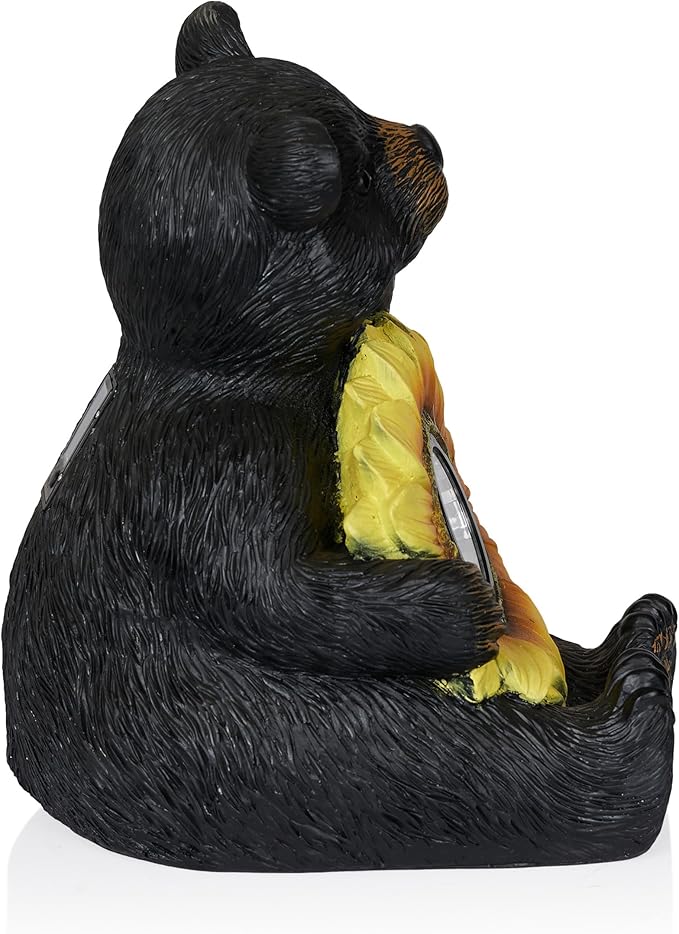 Alpine Corporation 16" H Outdoor Solar Powered Bear Statues with Sunflower LED Light, Brown/Yellow