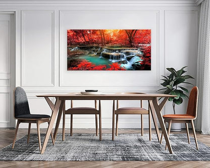 Muolunna BK03998 Wall Art Decor Canvas Print Picture Red Forest Waterfalls 1 Piece Modern Landscape Tree for Living Room Bedroom Office Home Decorations Stretched and Framed Ready to Hang