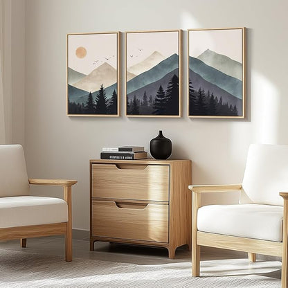 Cuspin Boho Framed Mountain Forest Landscape Wall Art, 3 Piece Bohemian Canvas Prints, Modern Nature Wall Art for Living Room, 3 Count, 16x24 Inch